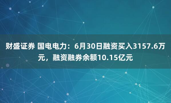 财盛证券 国电电力：6月30日融资买入3157.6万元，融资融券余额10.15亿元